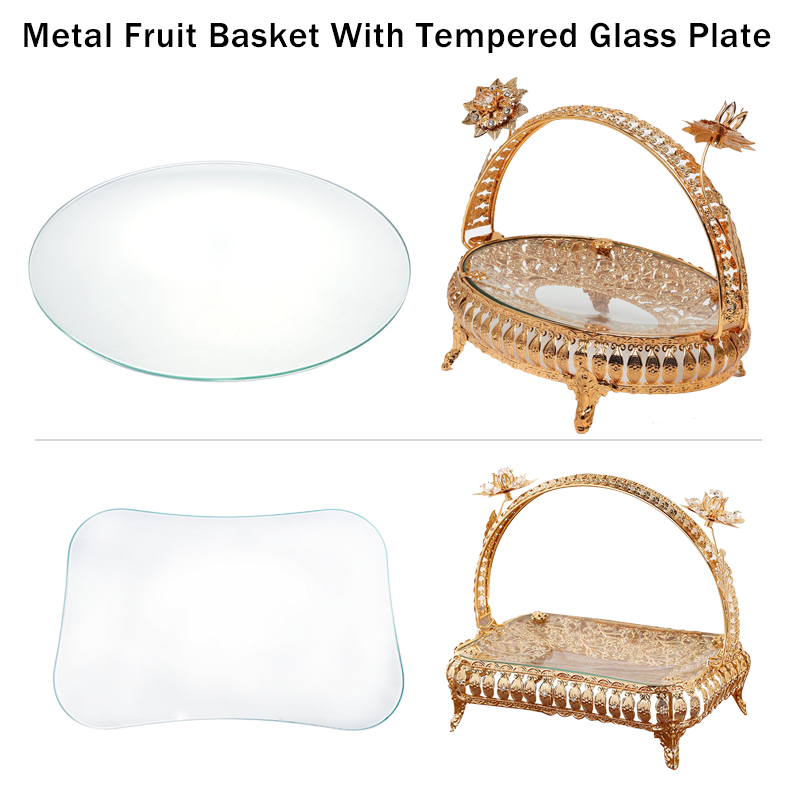 Metal Fruit Basket With Tempered Glass Plate
